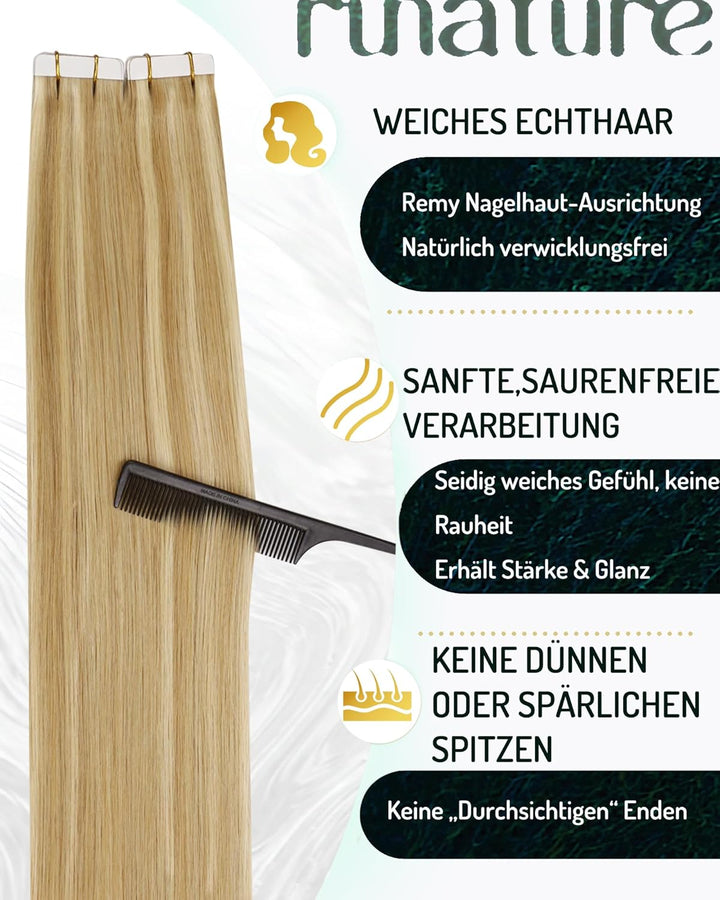 RUNATURE Tape in Extensions Echthaar Blond Highlights 55cm Tape Extensions Echthaar Goldblond Mit He