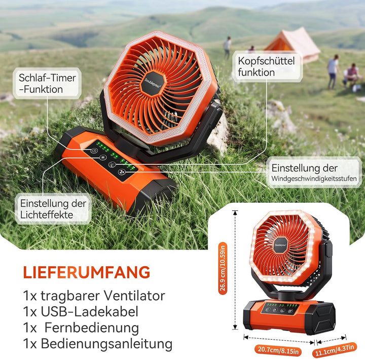 20000mAh Camping Ventilator, Aufladbare Akku Ventilator, Tragbarer Ventilators mit LED Licht, 120° O