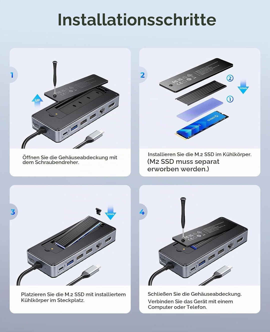 ORICO 8-in-1 USB C Docking Station mit M.2 SSD Gehäuse, USB C Hub für M.2 NVMe/SATA SSD, 10Gbps, 4K@