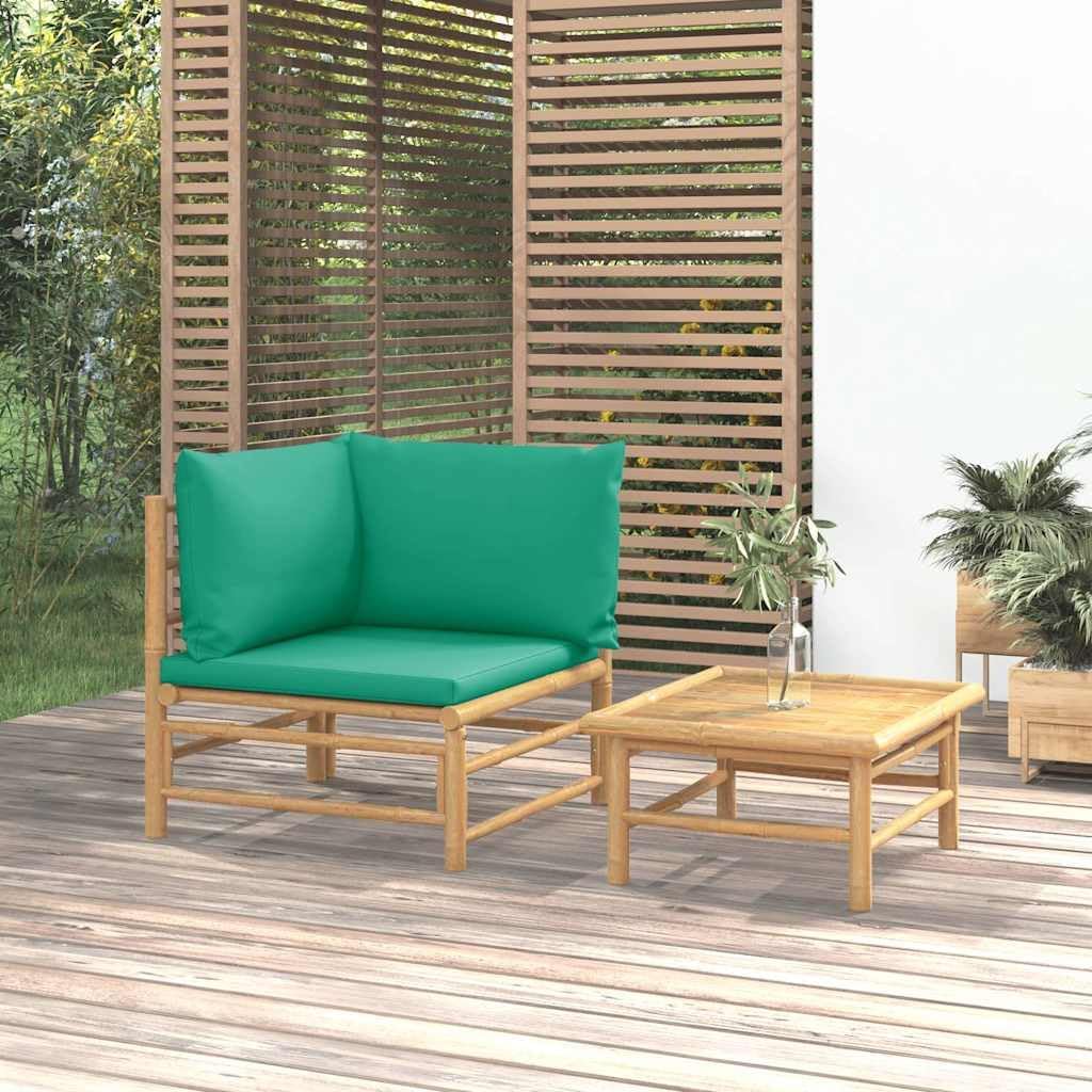 vidaXL 2-TLG. Garten-Lounge-Set mit Grünen Kissen Bambus Eckteil + Tisch Grün, Eckteil + Tisch Grün