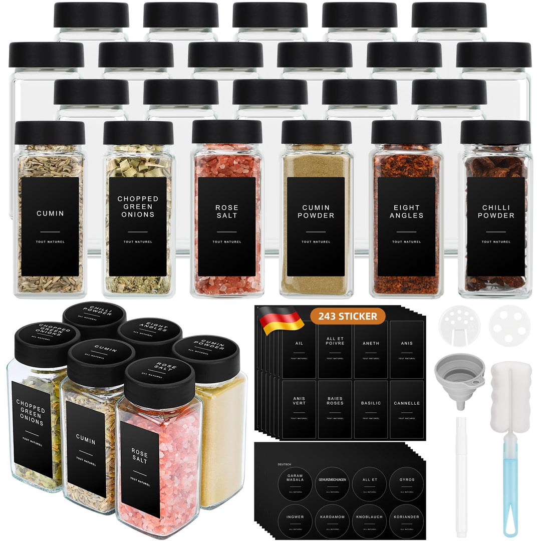 Gewürzgläser Eckig Set [24x 120ml] mit Schwarzer Deckel, 243 Wasserfeste Label, Gewürzdosen Gewürzst
