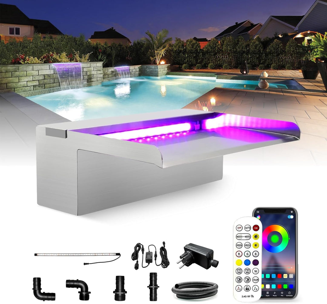 LONGRUN Edelstahl Wasserfall Überlauf, APP Kontrolle Multi-Farben LED-Licht Draussen Pool Brunnen, K