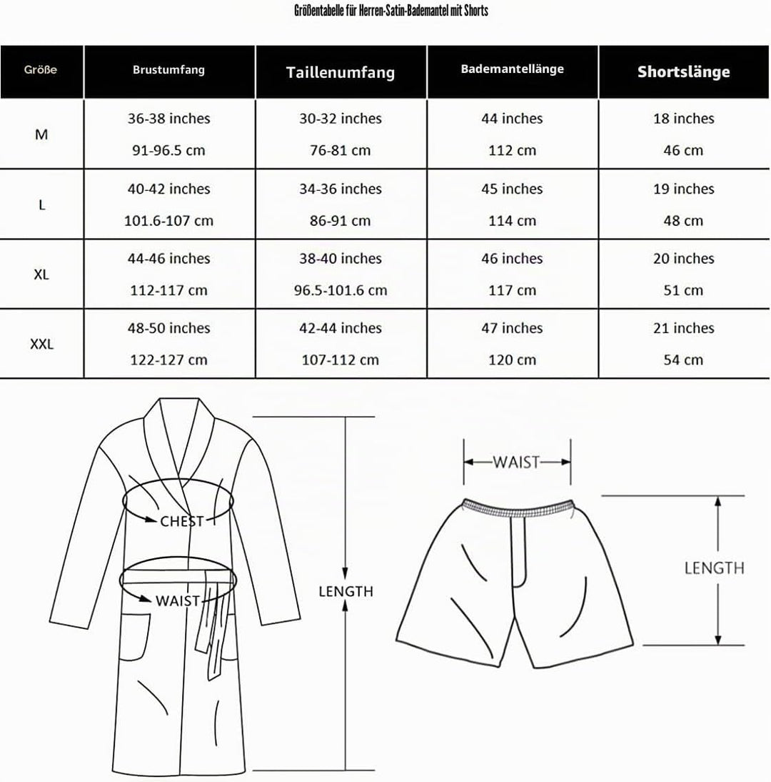 Herren Satin Bademantel, Leichter Seiden Langarm Bademantel mit Shorts Set, Spa Kimono Nachtwäsche M