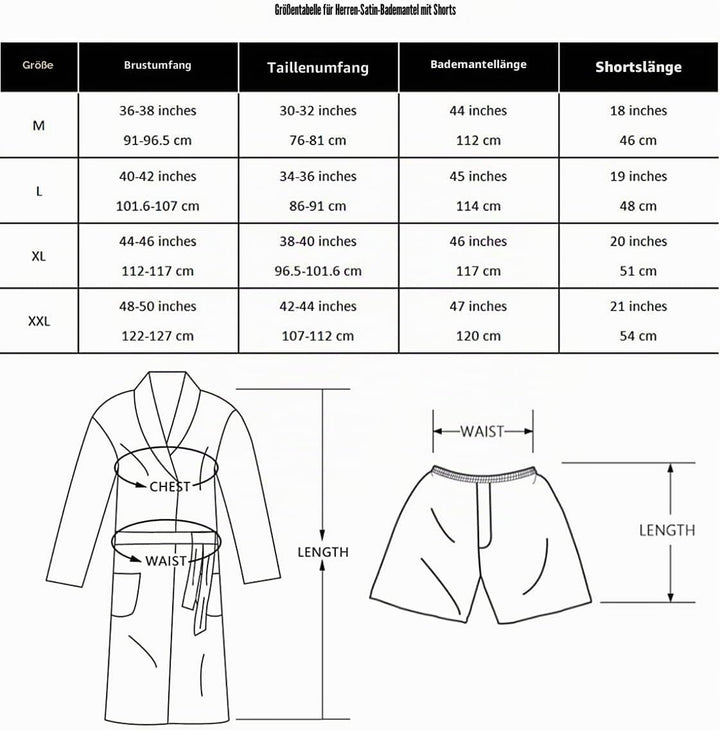 Herren Satin Bademantel, Leichter Seiden Langarm Bademantel mit Shorts Set, Spa Kimono Nachtwäsche M