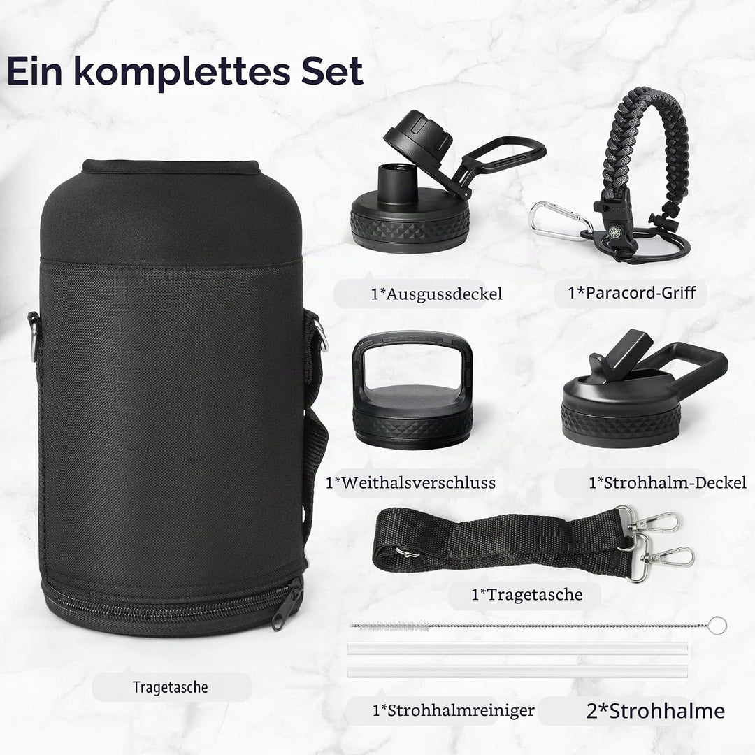Trebo Wasserflasche mit Paracord-Griff, 1,8 l, lebensmittelecht, doppelwandig, vakuumierter Edelstah