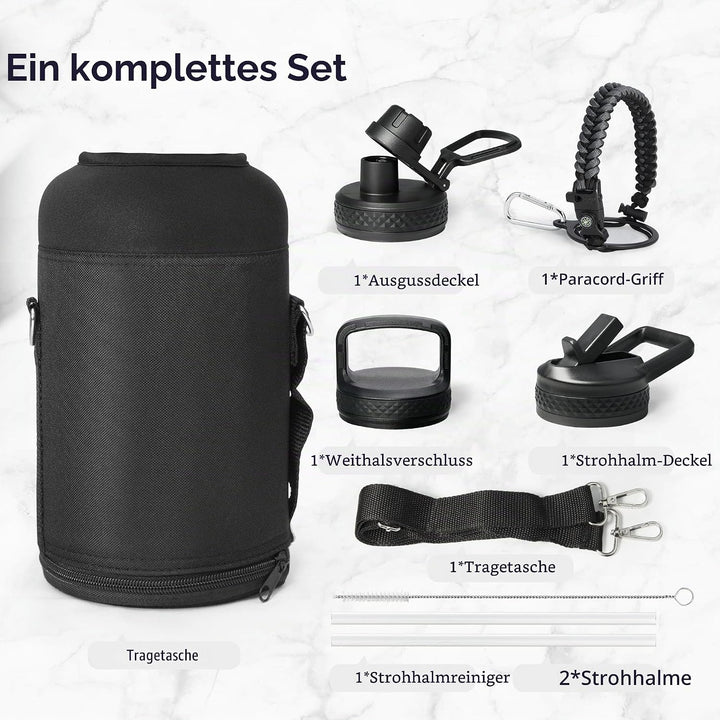 Trebo Wasserflasche mit Paracord-Griff, 1,8 l, lebensmittelecht, doppelwandig, vakuumierter Edelstah