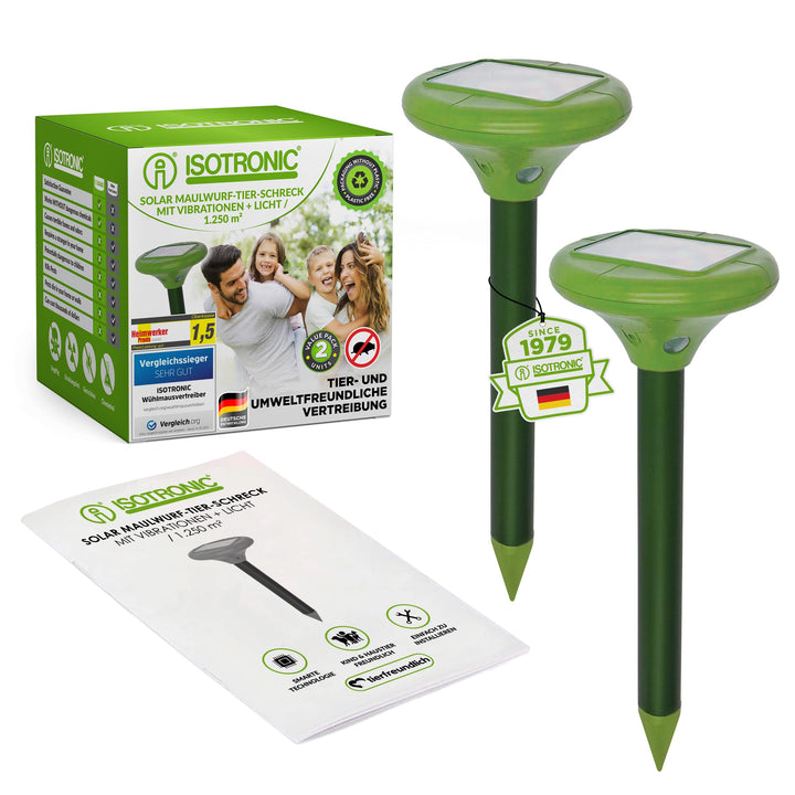 ISOTRONIC Solar LED Maulwurfabwehr Vibrasonic mit Vibrationsmotor 2er Set solarbetrieben Wühlmausfre