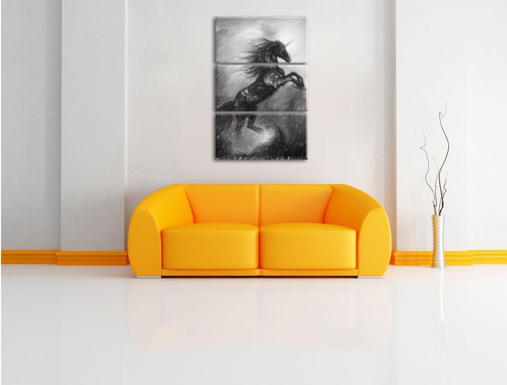 Pixxprint Traumhaftes schwarzes Einhorn Kohle Zeichnung Effekt 3-Teiler Leinwandbild 120x80 Bild auf