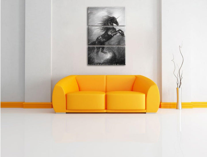 Pixxprint Traumhaftes schwarzes Einhorn Kohle Zeichnung Effekt 3-Teiler Leinwandbild 120x80 Bild auf