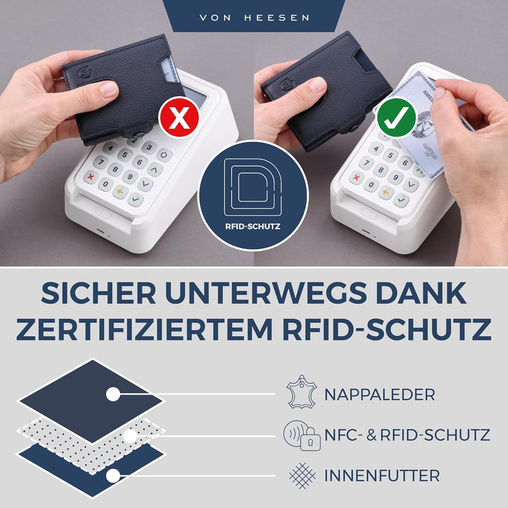 VON HEESEN Slim Wallet mit XL Münzfach &amp; RFID Schutz - Leder Geldbörse Herren klein - Mini Geldbeute