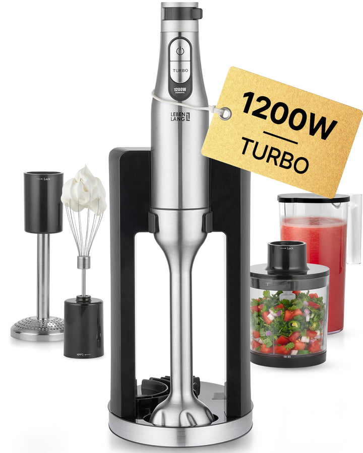 LEBENLANG Premium 1200W Stabmixer Set - Inkl. 5x Zubehör & Spritzschutz I Stufenlos verstellbar & Tu