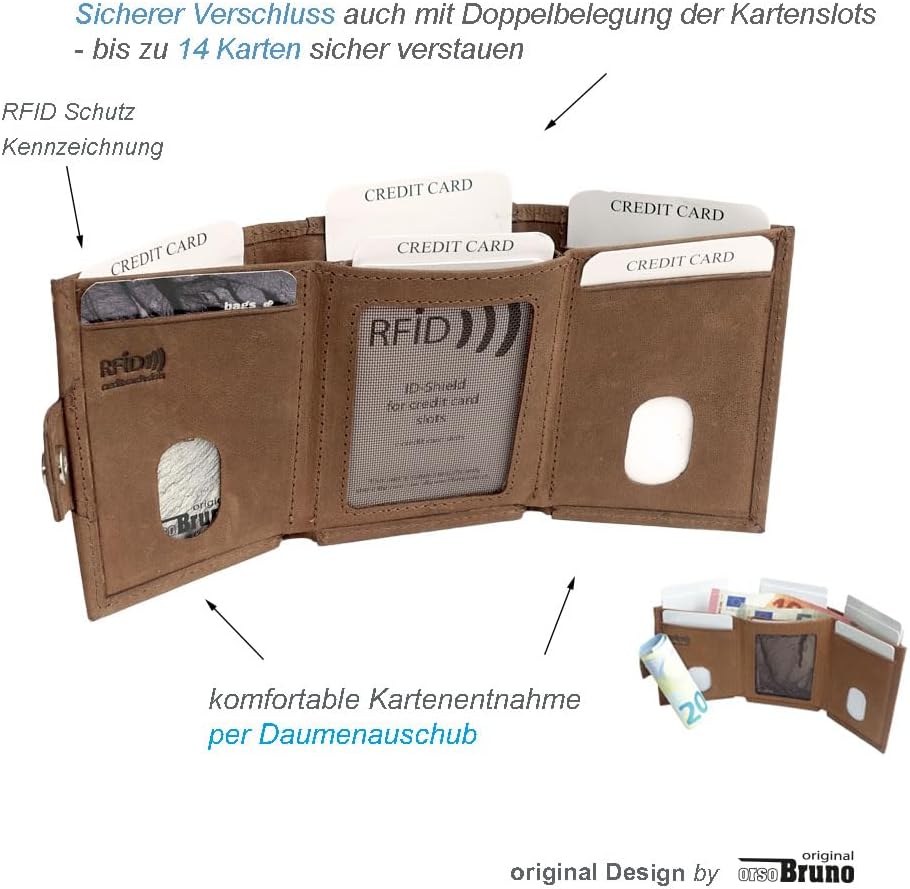 Minigeldbörse Herren braun Leder RFID Schutz, Herren Mini Geldbörse klein, Minigeldbeutel Kartenetui