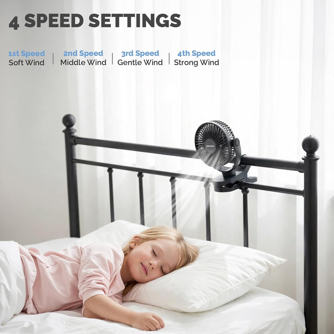Senelux 12,7 cm Clip-On-Ventilator, wiederaufladbarer tragbarer Schreibtischventilator mit 4 Geschwi