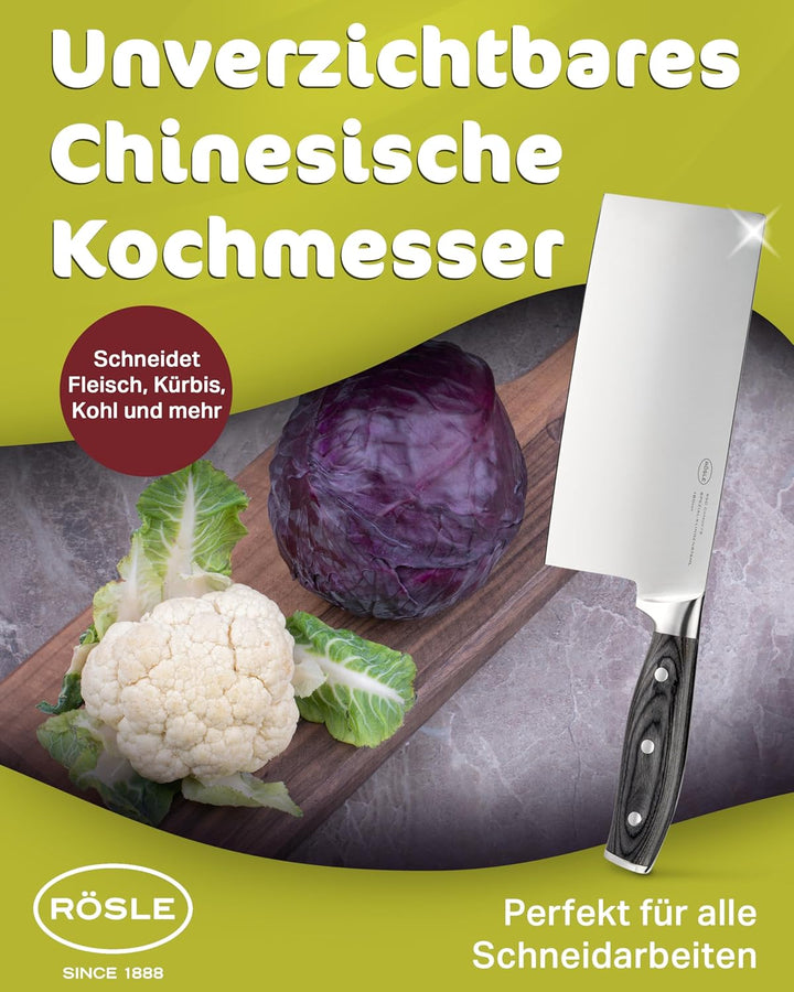 RÖSLE WOLFGREY Chinesisches Kochmesser 18cm – Premium Hackmesser Küche aus Spezialklingenstahl – Hoc