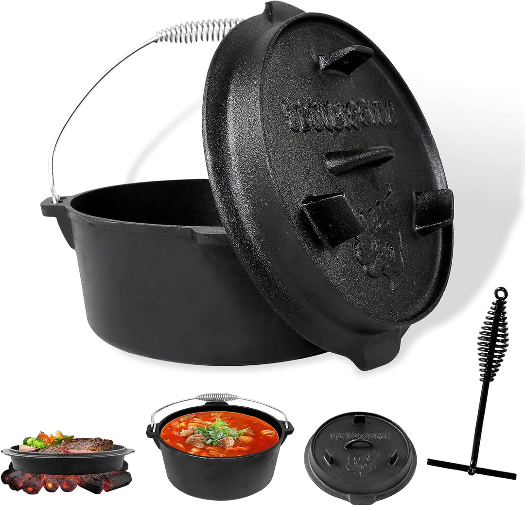 CCLIFE Dutch Oven Set 4/6/9 Liter Gusseisen Grilltopf mit Feuertopf Gusseisen Topf für Grill Camping