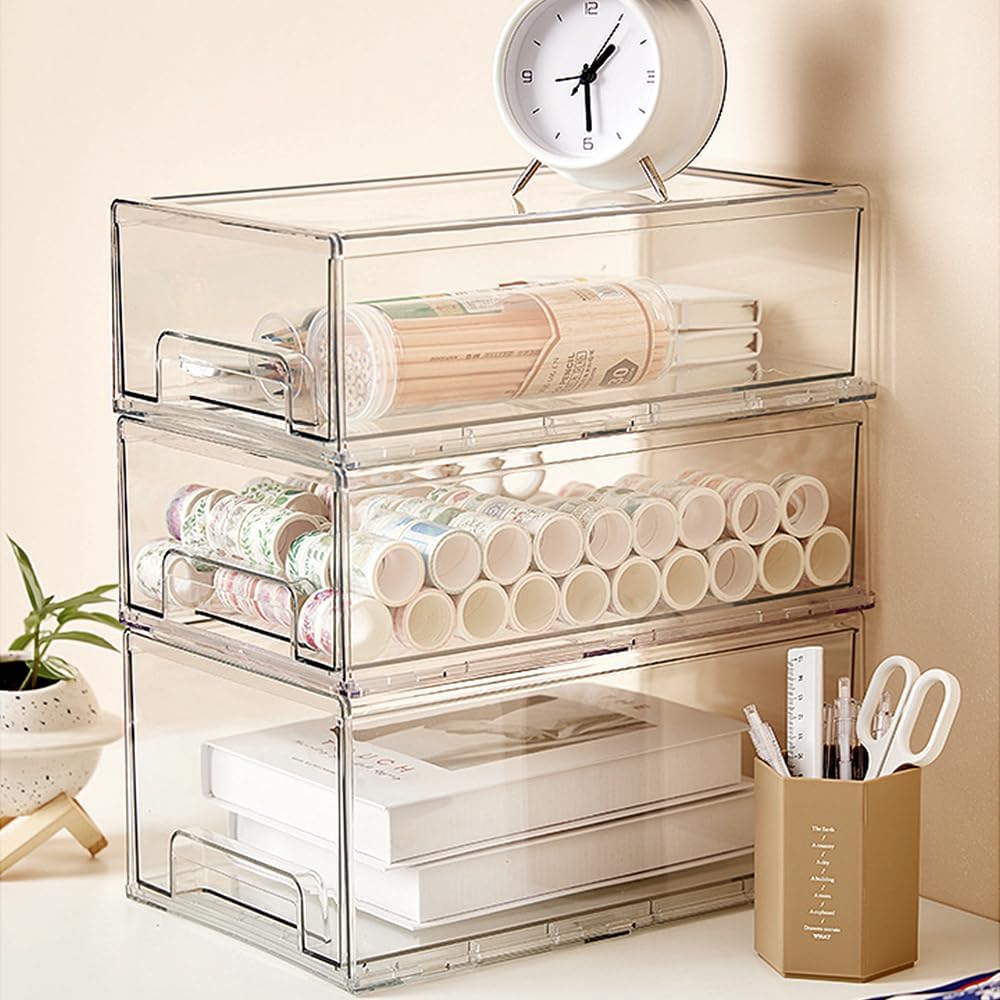 2pcs Stapelbarer Schminktisch Organizer, Grosser Schubladenbox aus Acryl, Kühlschrank-Aufbewahrungsb