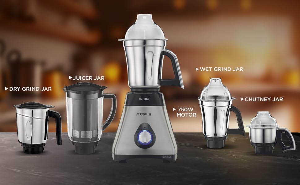 Preethi MG-208 Mixer-Mühle für das Mahlen zu Hause, 750 W, leistungsstarker Motor, 4 Edelstahldosen