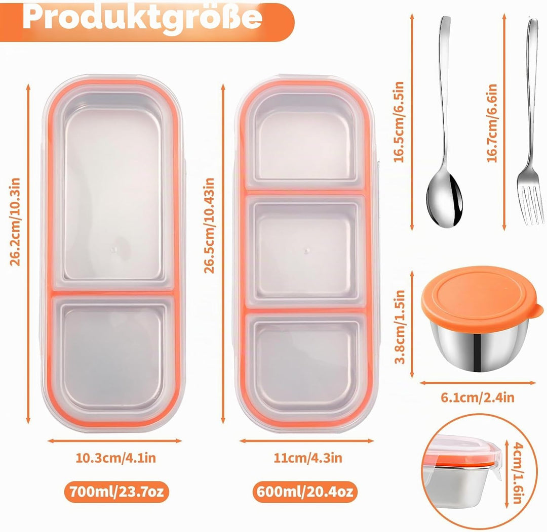2 Stück Edelstahl Snackbox mit Fächern, wiederverwendbarer Snackbehälter mit luftdichtem Decke, ausl
