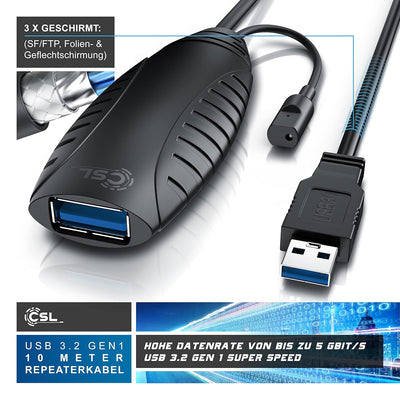 CSL - 10m USB 3.2 Repeaterkabel Verlängerungskabel aktiv - 10 Meter - USB 3.2 Gen1 - Repeater Verlän