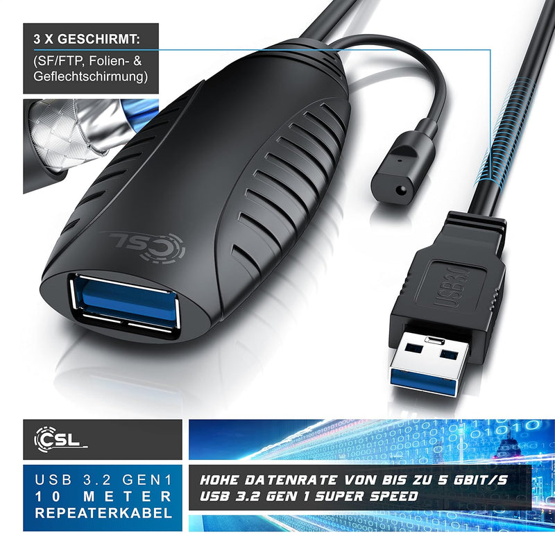 CSL - 10m USB 3.2 Repeaterkabel Verlängerungskabel aktiv - 10 Meter - USB 3.2 Gen1 - Repeater Verlän