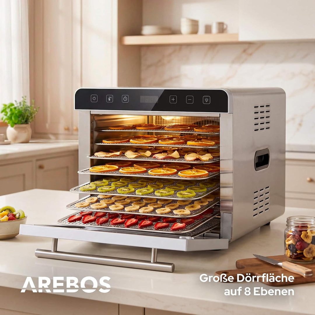 Arebos Dörrautomat Edelstahl 700W | Dehydrator mit 8 Gittern & 19L | Dörrgerät für Obst, Gemüse, Krä