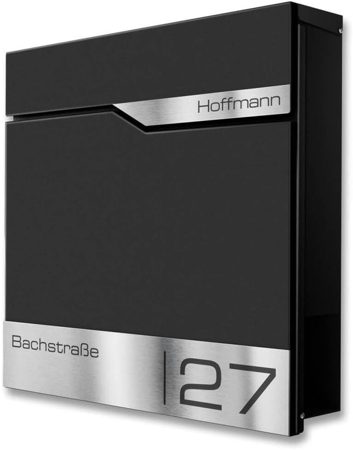 Metzler moderner Briefkasten Schwarz matt personalisiert mit Edelstahl-Namensschild, RAL9005 Tiefsch
