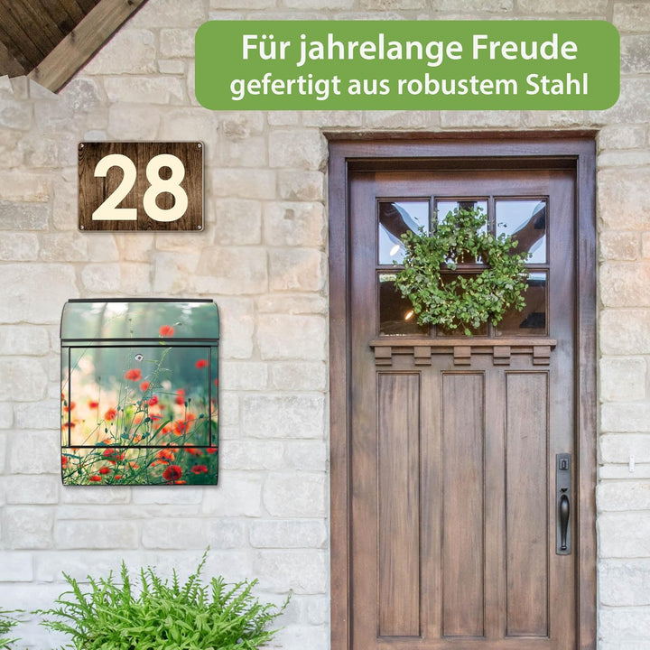 banjado® Design Briefkasten mit Motiv Waldmohn 39x47x14cm &amp; 2 Schlüssel - Briefkasten Stahl schwarz
