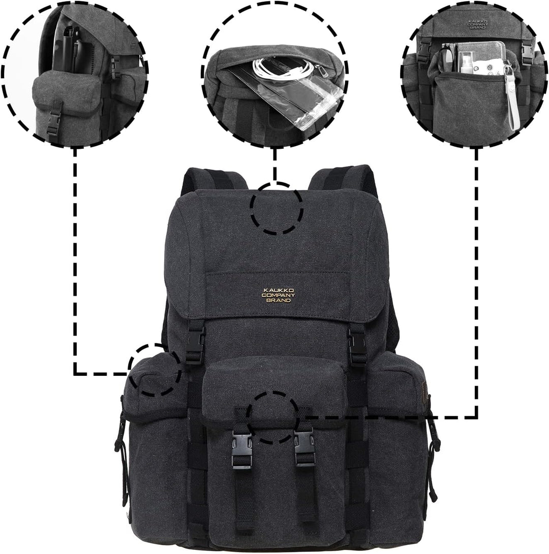 KAUKKO Canvas Retro Rucksack Damen Herren, Vintage Jagdrucksack Wanderrucksack mit 14 Zoll Laptopfac
