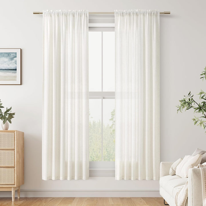 Flachs-Leinenvorhänge 183 cm Länge, 2 Paneele, neutrale halbtransparente Boho-Vorhänge für Schlafzim