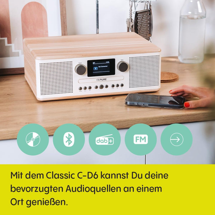 Pure Classic C-D6 Musiksystem (CD-Player, DAB+/FM, Bluetooth, AUX, USB, Wecker, Sleeptimer) Cotton W