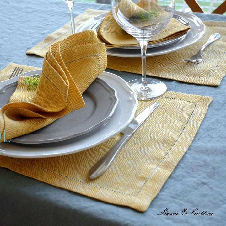 Linen & Cotton Hochwertig Tischsets Platzsets mit Hohlsaum Scandi - 100% Leinen, Gelb (30 x 44cm, 2