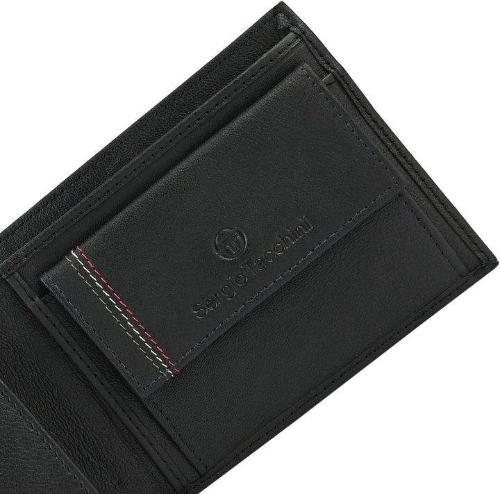 Sergio Tacchini Herren-Geldbörse aus echtem Leder, Schwarz, mit Kartenfach und Geschenkbox 11 x 9 x