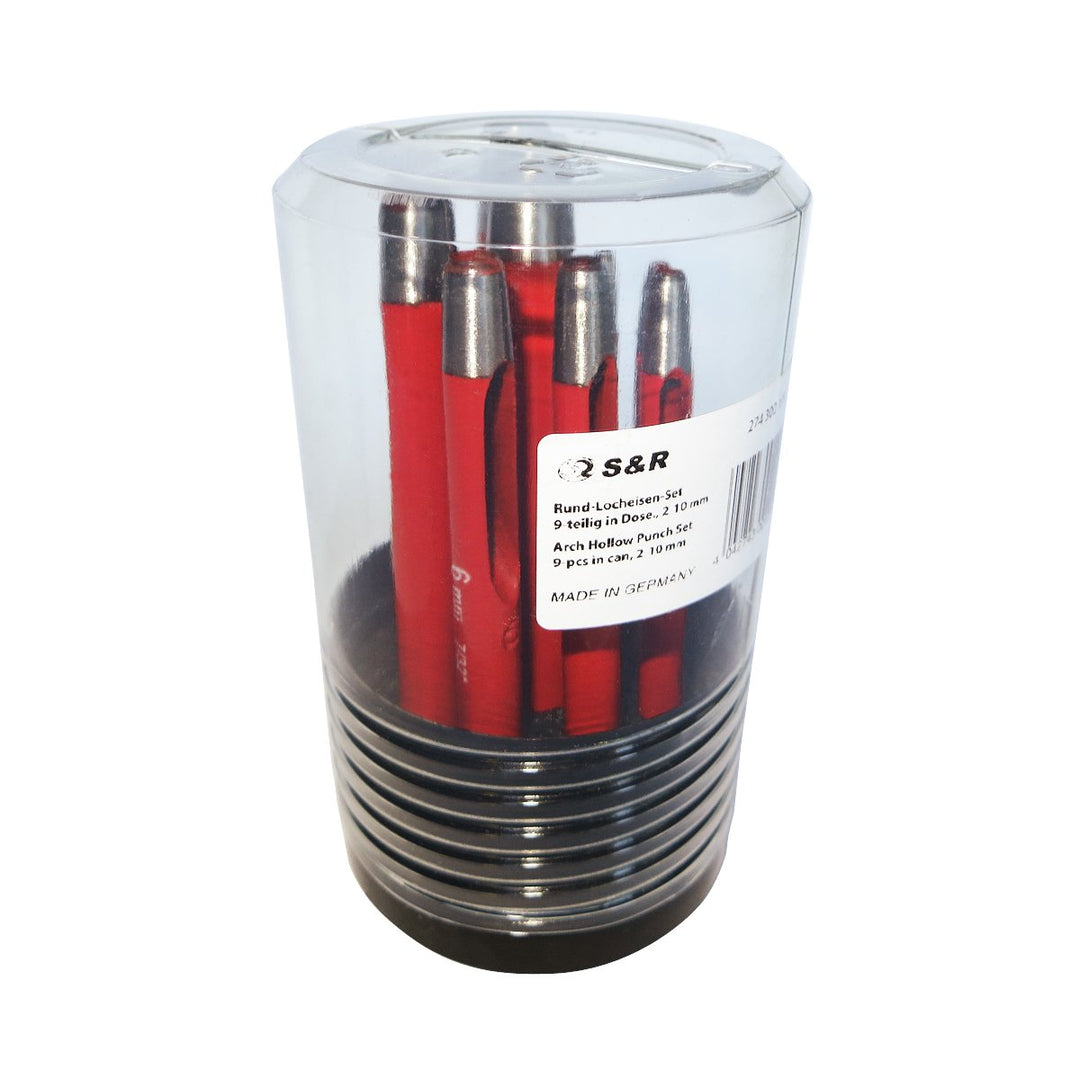 S&amp;R Rund-Locheisen-Set/MADE in GERMANY / 9-tlg. in Dose 2-3-4-5-6-7-8-9-10 mm, Stanzeisen Länge 105-