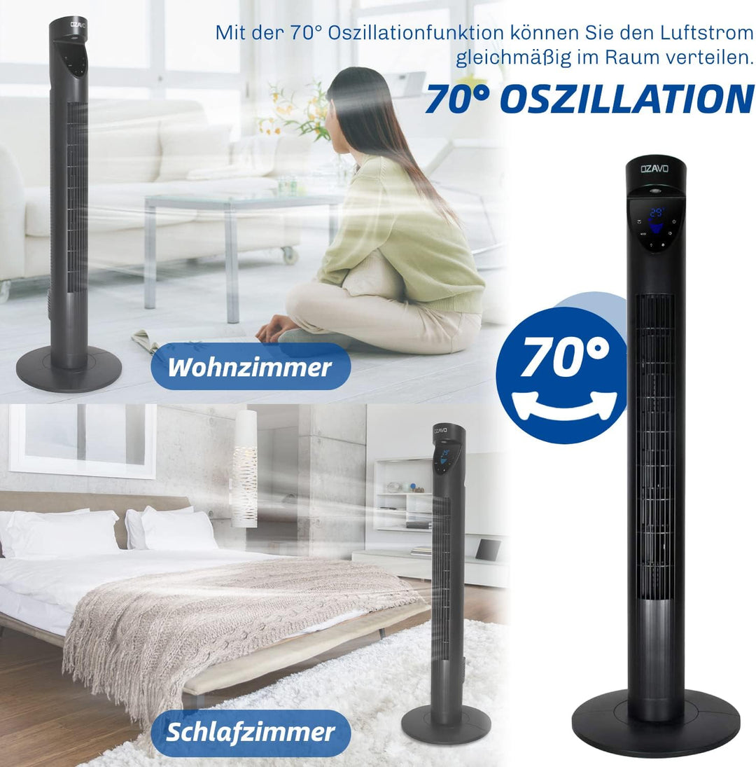 OZAVO Turmventilator mit Fernbedienung und LED-Display, 3 Geschwindigkeitsstufen Fan, Standventilato