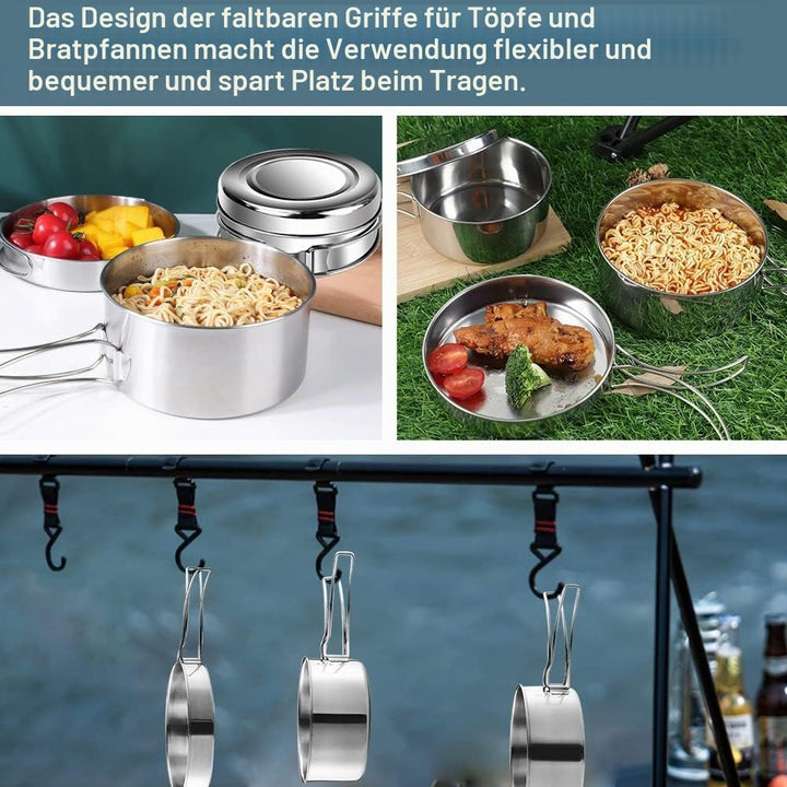QINERSAW 4er Set Edelstahl Camping Kochgeschirr Outdoor Topf Camping Kochtopf Outdoor Topfset Campin