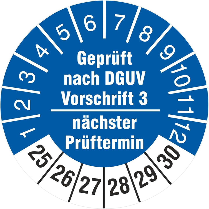 2500 Prüfplaketten 18 mm geprüft nach DGUV Vorschrift 3 nächster Prüftermin 2025-2030 Prüfetiketten