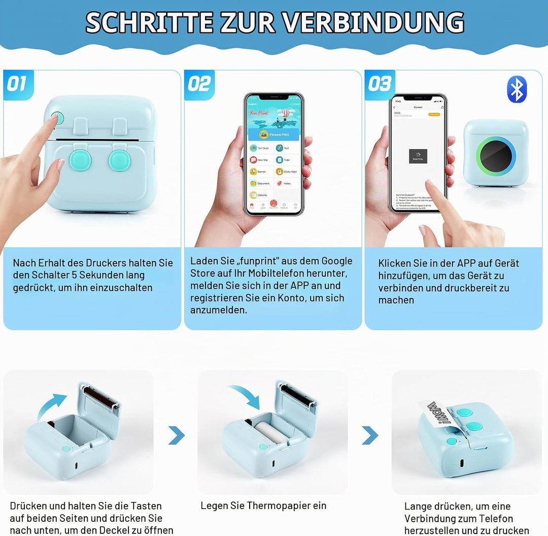 GuKKK Mini Drucker, Mobiler Fotodrucker, Tragbarer Mini Fotodrucker, Wireless Thermodrucker mit 11 R