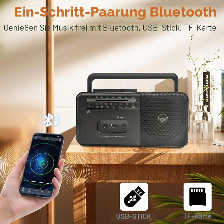 Kassettenspieler Bluetooth Boombox, Tape Recorder AM/FM/SW Radio Stereo Tape Player/Recorder mit gro