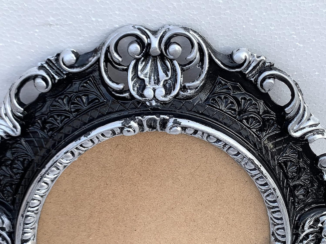 Bilderrahmen Barock SCHWARZ Silber Oval mit SCHUTZGLAS Antik Klassik 45x38 Prunk Bilderrahmen 24x30c
