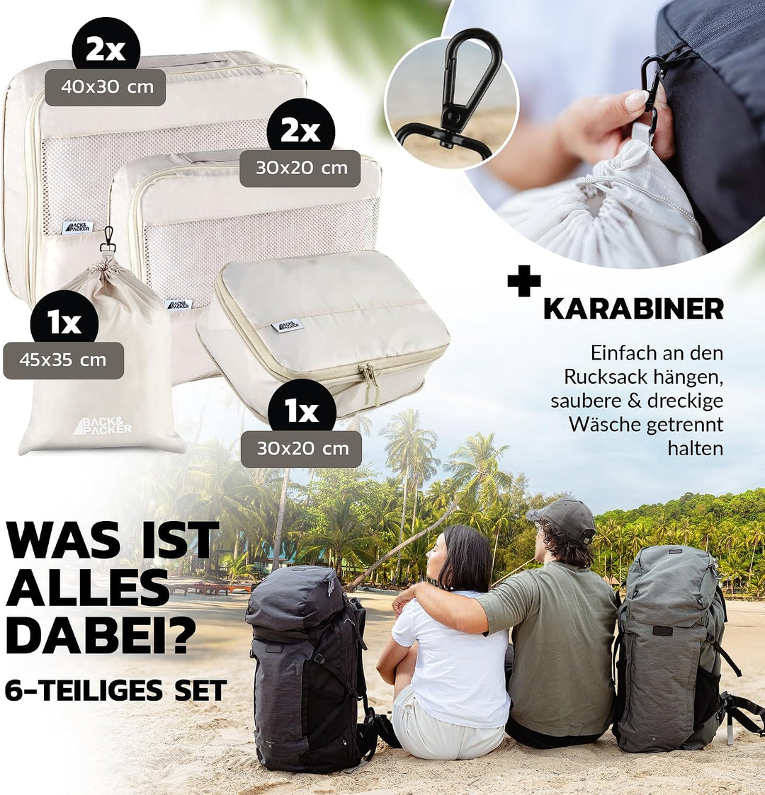 BACK&amp;PACKER® Packing Cubes mit Kompression 6-teilig - Packtaschen Set aus recyceltem Material - Leic