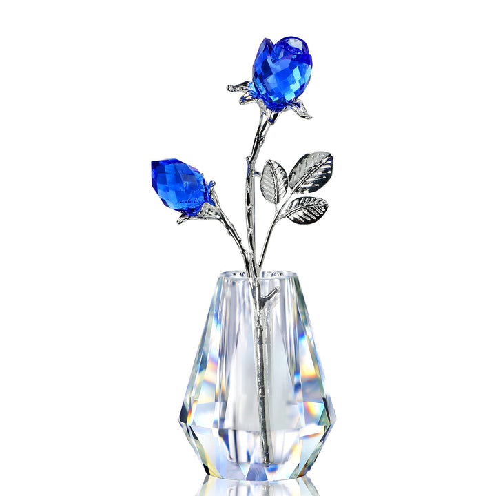 H&D Zwei kristallblaue Rosen,Kristall Rosen Figuren mit silberner Stange,Für Immer Kristallrose Brie