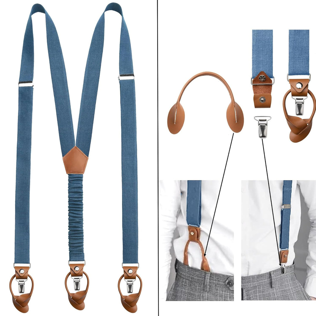 Leinen Accessoires SET: Fliege und Hosenträger Hosenträger mit Leder für Herren. Fliege Bereits gebu