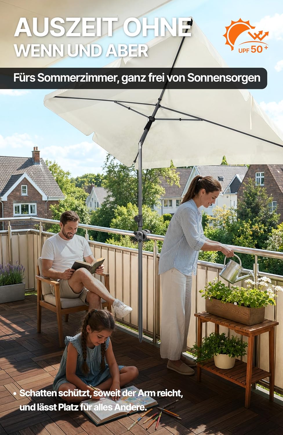 4smile SunnyShade Balkonschirm Rechteckig 210x140 cm, Sonnenschirm Balkon mit UV 50+, Sonnenschutz B