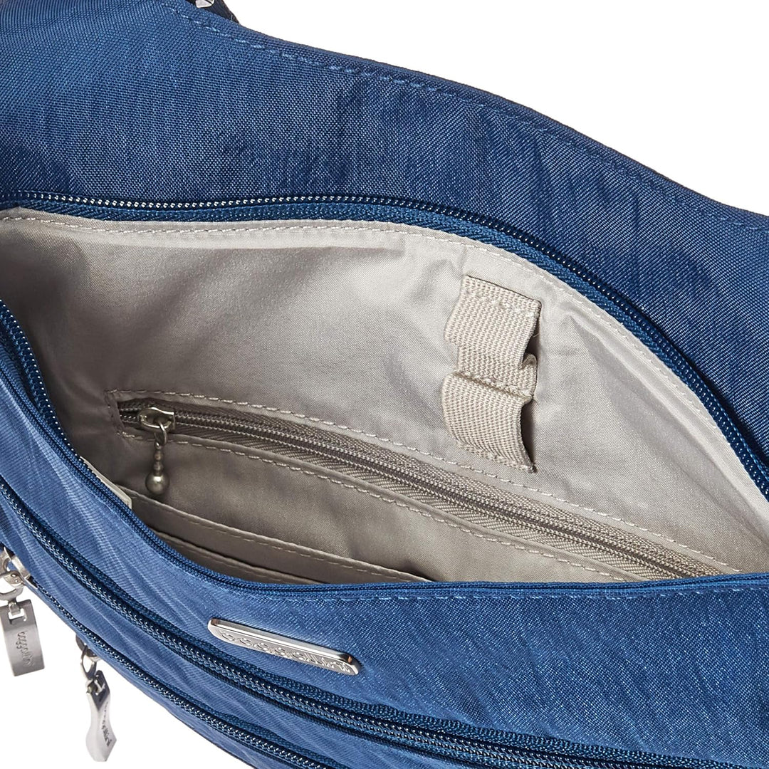 Baggallini Reise-Umhängetasche mit grossem Reissverschluss. Blau, Blau