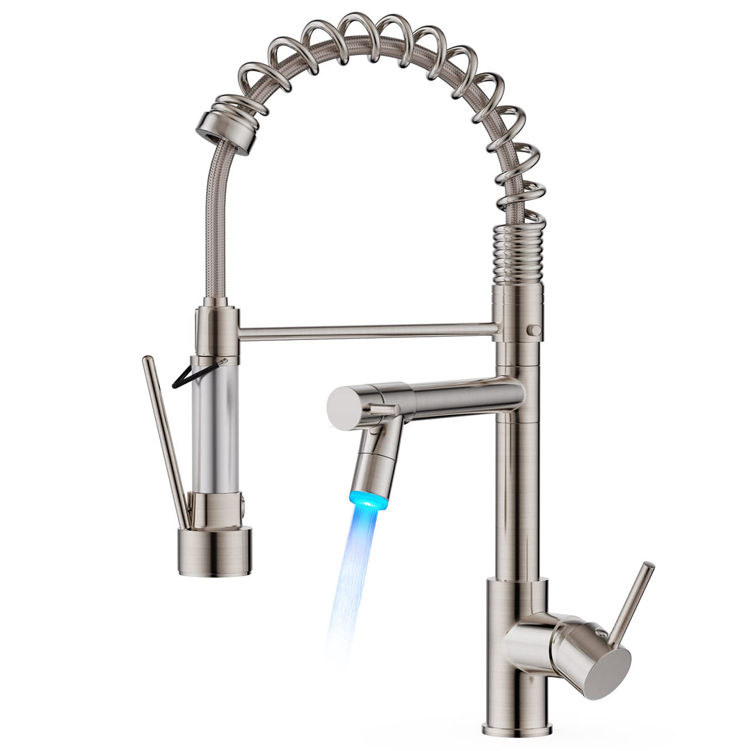 FORIOUS Wasserhahn Küche, Edelstahl-Küchenarmatur mit LED, Spülarmaturen Küche, Zweigriff-Mischbatte