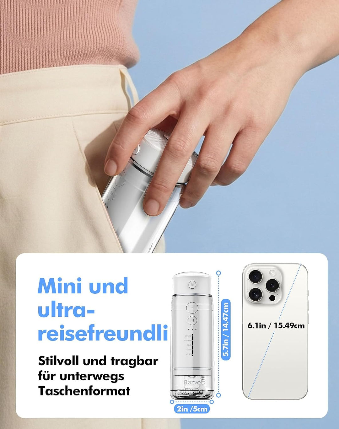 Reise Munddusche Kabellos Zahnreinigung: Oral Irrigator mit 5 Modi, 180ML Wassertank IPX7 Wasserdich