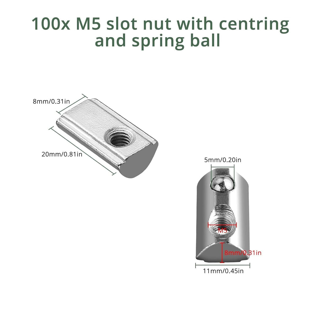 EYPINS 100x Nutensteine M5 Nut 8 mit Zentrierung Steg und Federkugel, Hammermutter 30x30 Stahl Verzi
