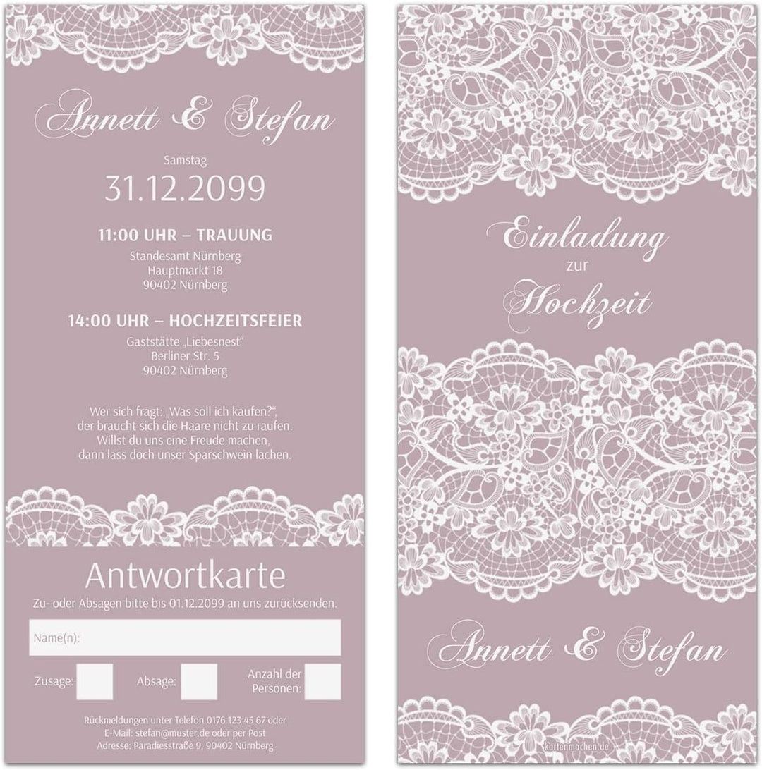 Kartenmachen.de Personalisierte Hochzeitseinladungen mit Antwortkarte (ab 10 Stück) - Spitze in Lila