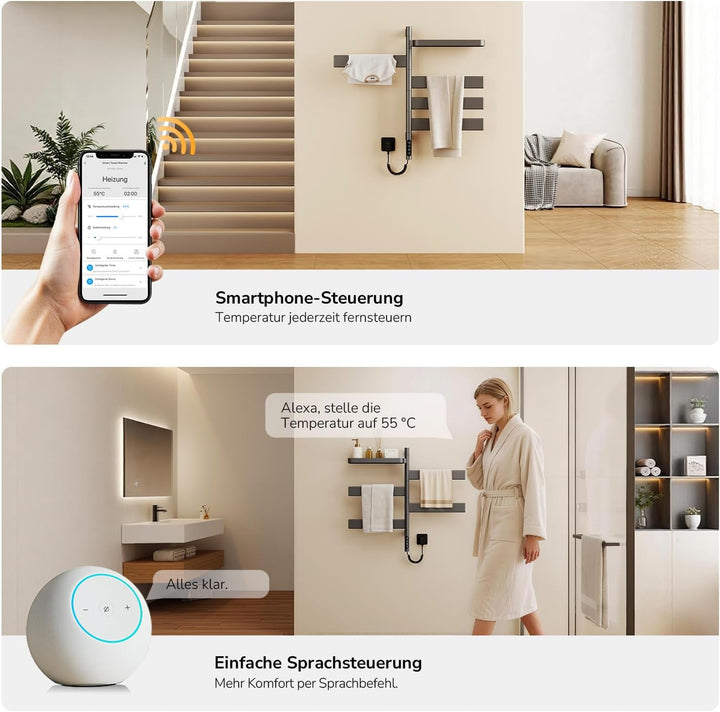 EMKE Elektrischer Handtuchheizkörper 769x450 mm, 180° schwenkbarer Badheizkörper mit WiFi-App-Steuer