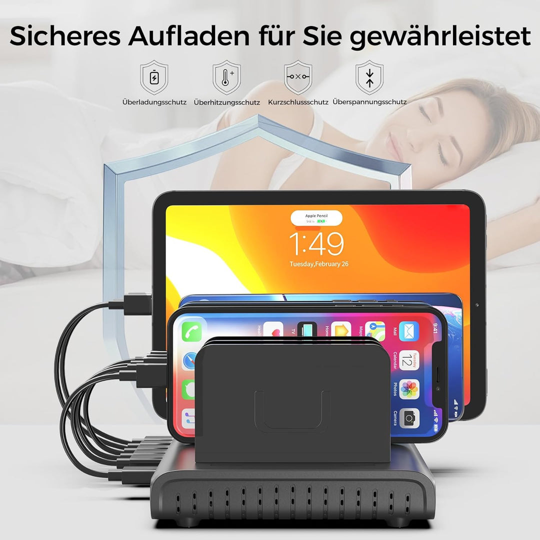 Alxum 60W 10 Port USB Ladestation für mehrere Geräte, LED Echtzeit-Digitalanzeige mit 8×USB-C & 2×US